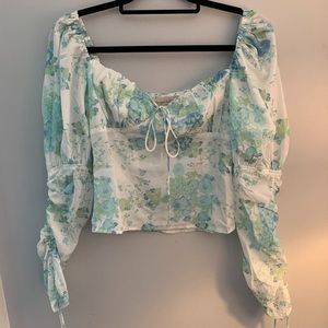 Beige Botany white blue and green floral blouse Sm long sleeve